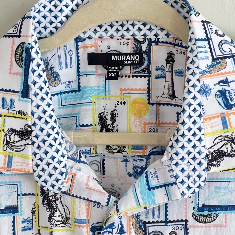 Murano Mens Shirt XXL Slim Fit Nautical Sea Stamp Cotton White rt - Picture 7 of 12